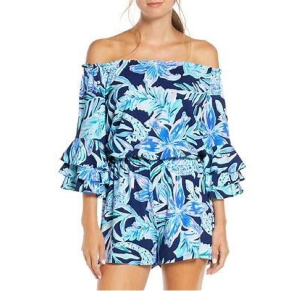 Lilly Pulitzer Off Shoulder Calla Romper Ruffled Sleeves Size Large